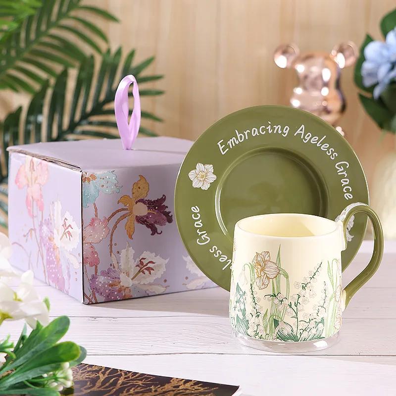 Flower Ceramic Coffee Cup and Dish Set Gift Box Water Cups Breakfast Cup Milk Mug Juice Mug Afternoon Tea Cups Coffee Mugs