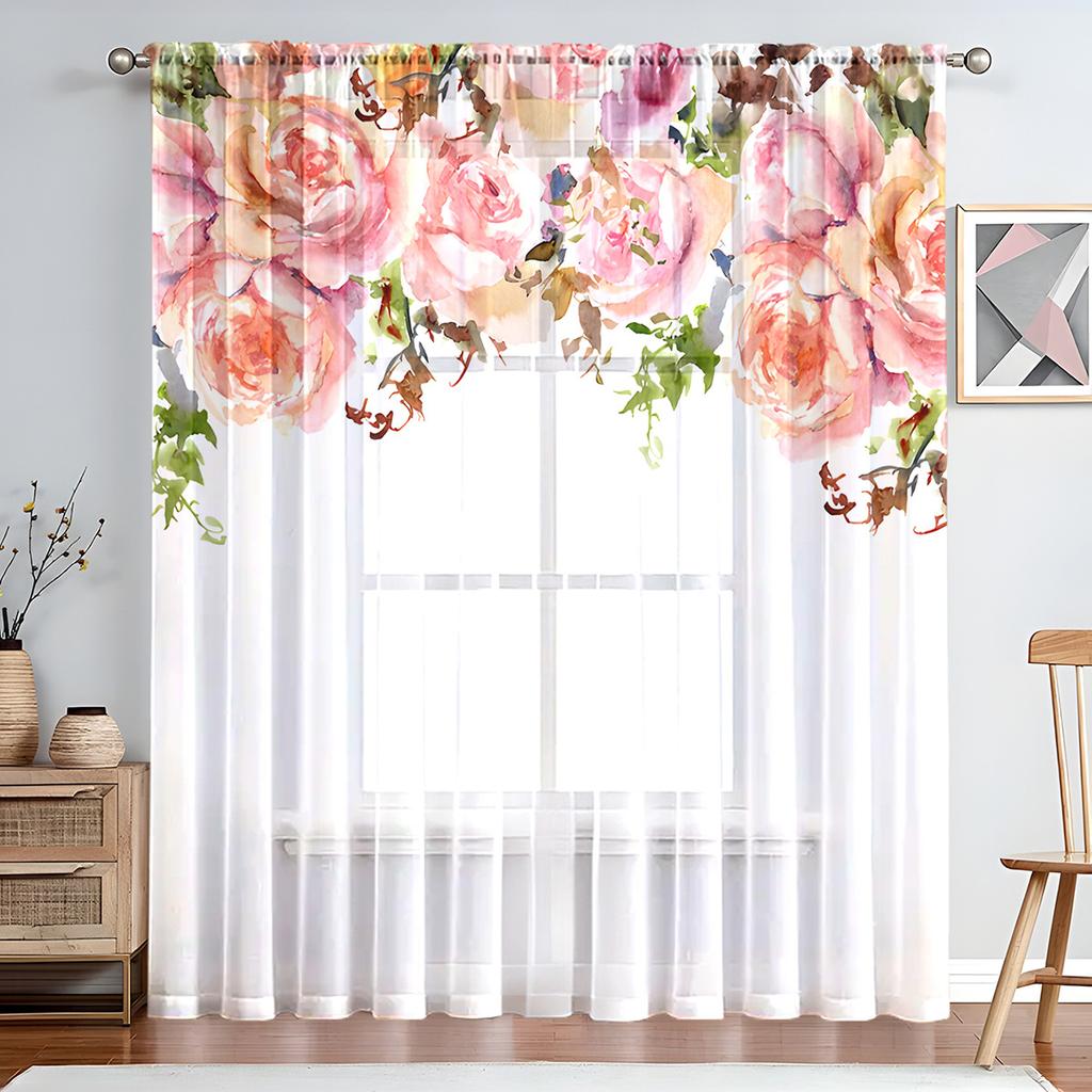 1pc Window Sheer Curtain Living Room Bedroom Dining Room Corridor Office Gym Romantic Warm Flowers Valentine's Day Roses Translucent