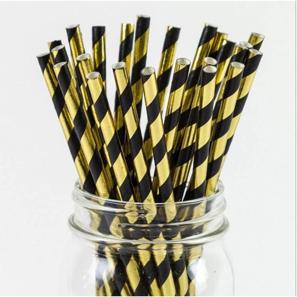 

25 шт./упак. бронзовые соломинки в диагональные полосы с одноразовыми золотыми полосками из алюминиевой фольги, бумажные соломинки, посуда для вечеринок, дней рождения, свадебных торжеств золотой/чёрный