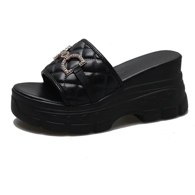 Chain Wedges Slippers Women High Heels Platform Shoes Summer Luxury Open Toe Flip Flops Beach Sandals Pumps Mujer Slides