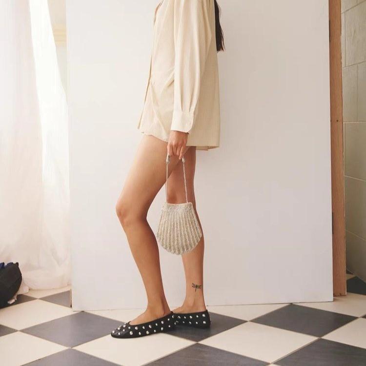 New Rivet Round Head Flat Shoes Luxury Black Leather Sandal Ballet Sandals Silver Ball Metal Hollow Mary Jane Shoes