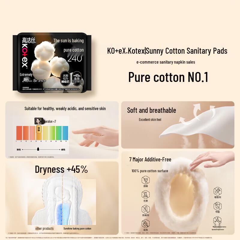 KOTEX Sunshine Baked Antibacterial Pure Cotton Ultra-Long Night Sanitary Napkins