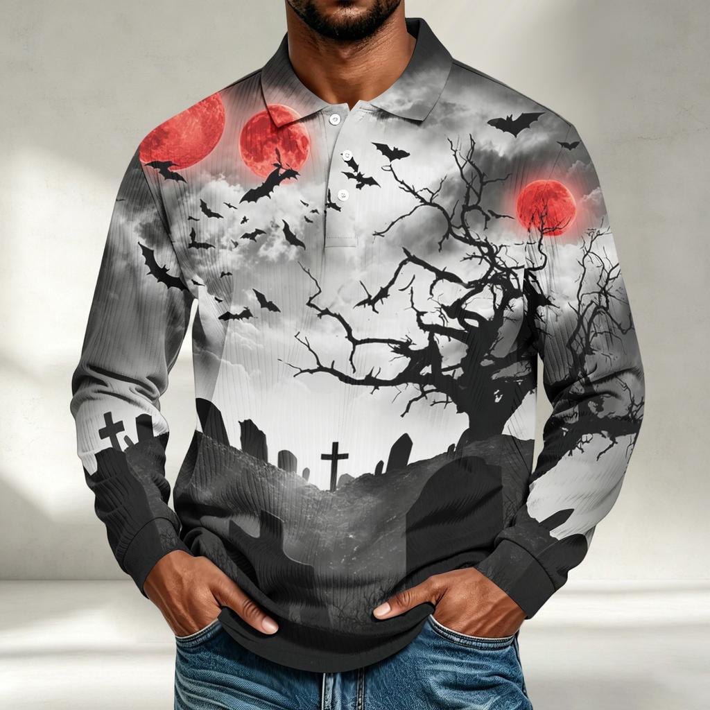 Men's Casual Halloween Print Long Sleeve Shirt Loose Fit