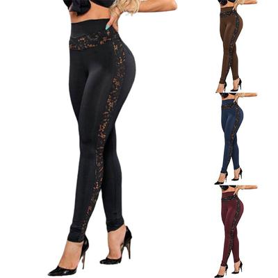 Fashion Contrast Lace High Waist Skinny Long Pants Elegant Women Casual Slim Fit Black Trousers Hollow Out Long Pants New