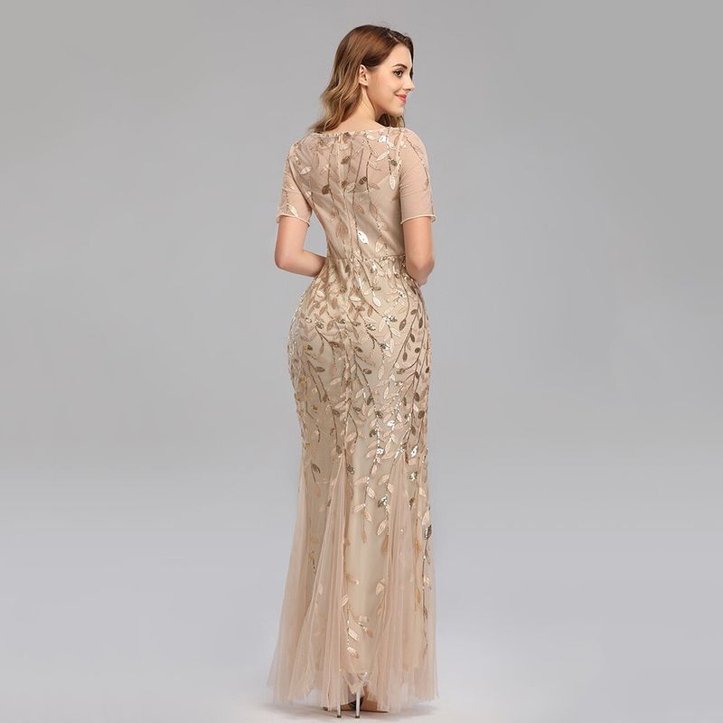 

Plus Size Evening Dress Wedding Short Sleeve Party Dress 2XL Gold XL