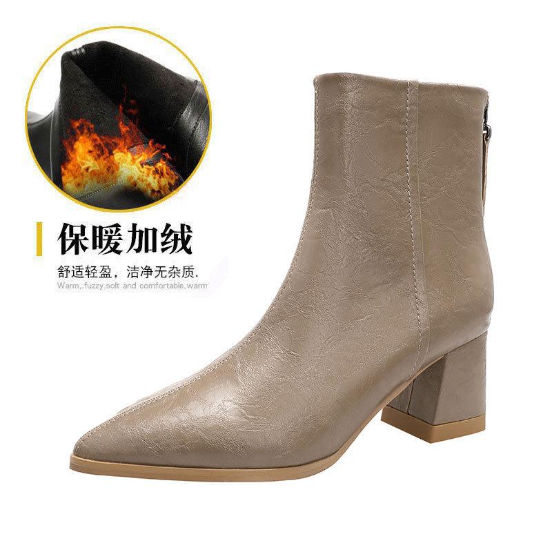 Custom Women's Boots~ High Heel Boots Pointed Short Boots Skinny Boots New Autumn and Winter Brown Boots Coarse Heel Medium Leather Boots