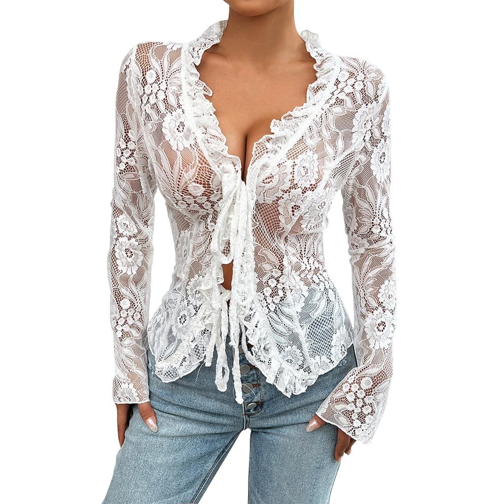 Womens Sexy Open Front Tie Long Sleeve Ruffle Trim Sheer Lace Crop Tops Blouse