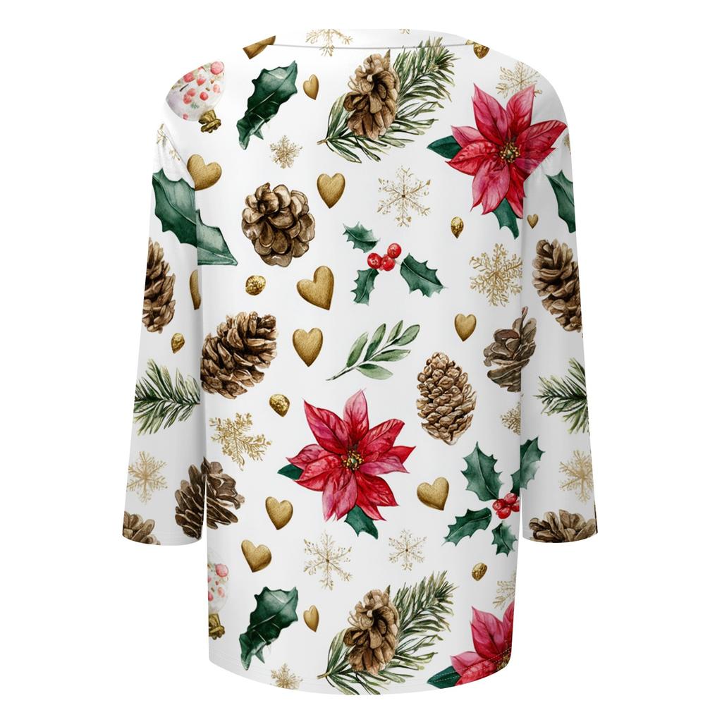 Women's Casual Christmas Print Three-Quarter Sleeve Neck Loose Fit Shirt