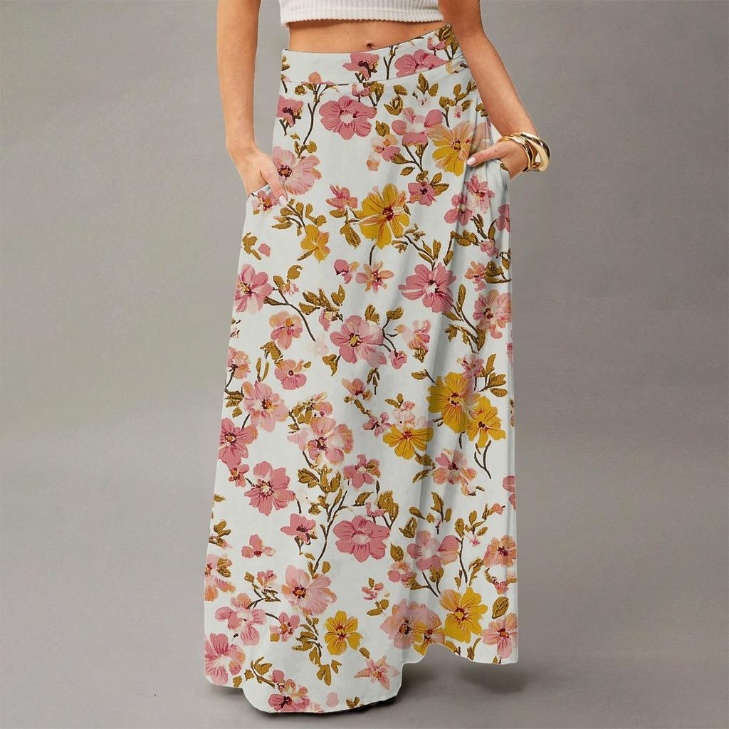 Women's Casual Leisure Foldable Floral Print High Waist With Pocket Draped Relaxed Long Maxi Skirt