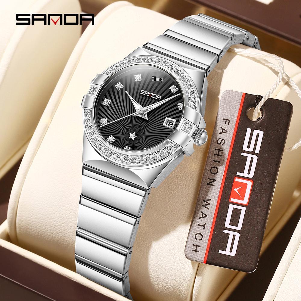 Sanda Women's Luminous Sunray Dial Quartz Watch with Vintage Calendar & Diamond Accents, Waterproof.