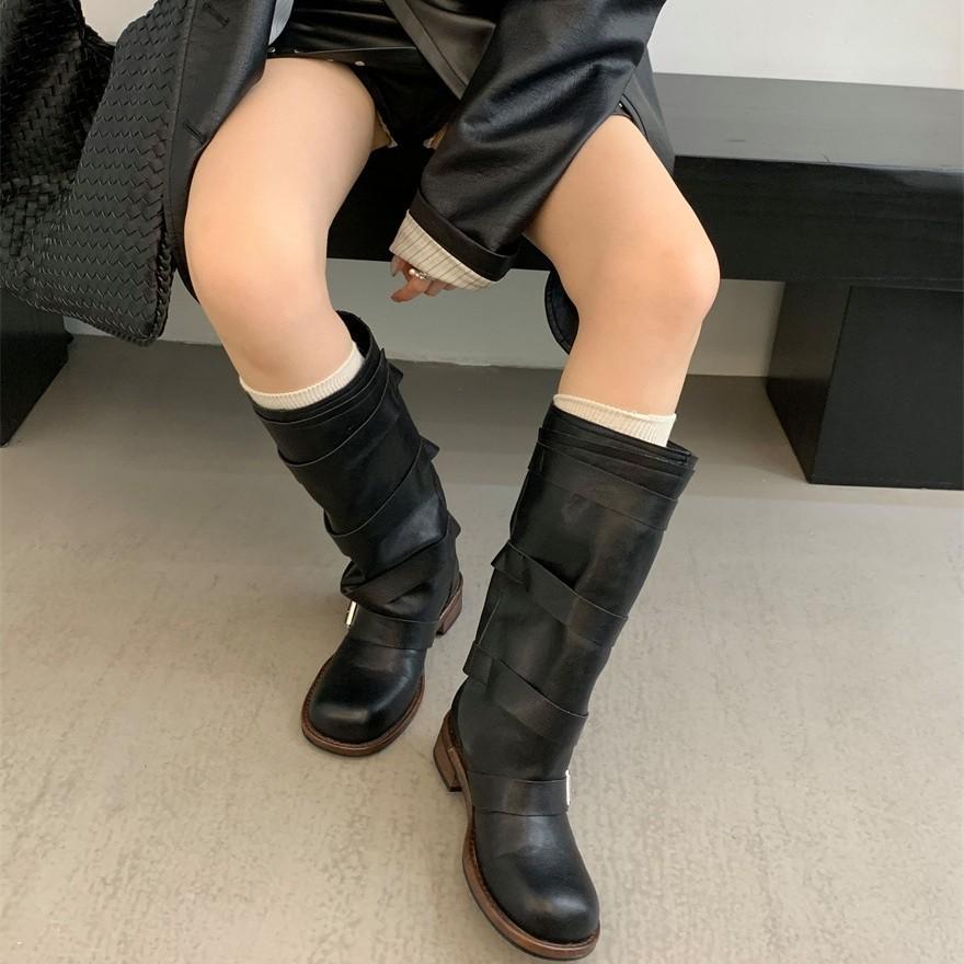 Retro belt buckle boots women's 2025 autumn and winter new thin tall knight boots thick heel large size western cowboy boots