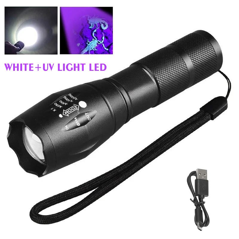 

Перезаряжаемый УФ-фонарик Двойной свет 395 нм Ультрафиолетовый Белый фонарь Зум-фонари Осветительная лампа для обнаружения пятен от домашних животных Охота