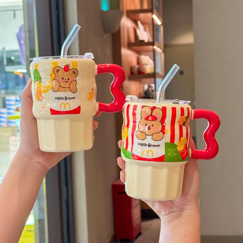 Milk Fufu Cute French Fries Straw Cup Girls' High-value Ceramic Mug for Girlfriends Birthday Gift Souvenirs