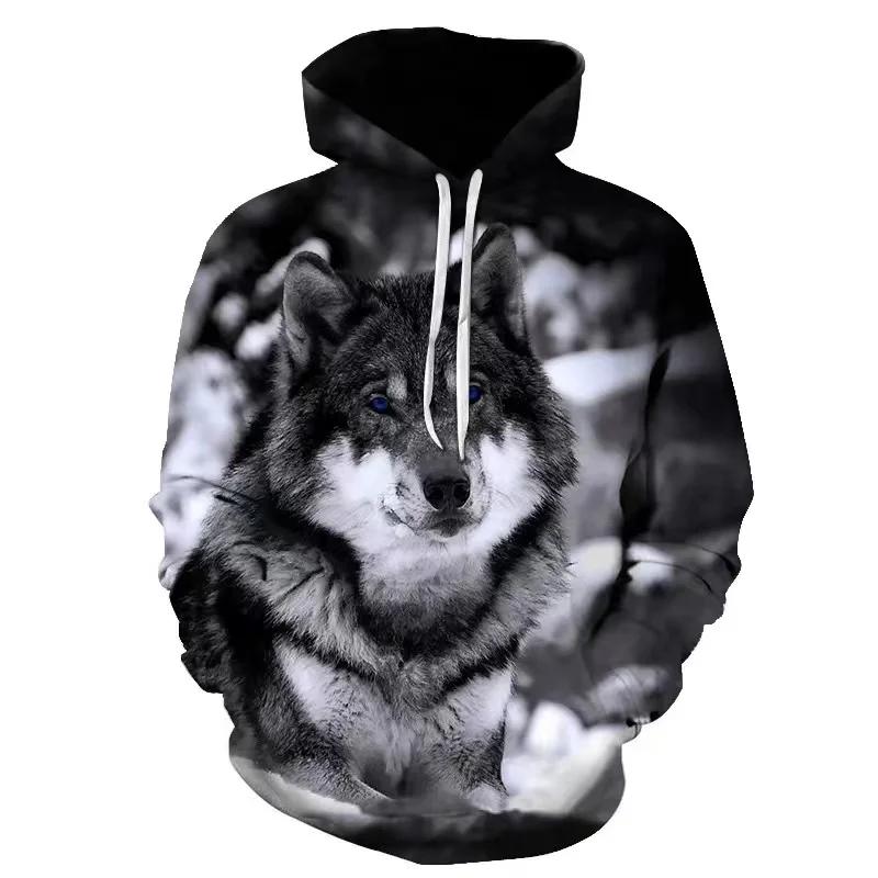 Spring and Autumn Men's Junior Wolf Hoodie Fashion 3D Wolf Printing Loose Streetwear Funny Animal Street Hip Hop Sweatshirt