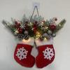 Christmas Door Wreath Mitten Front Door Artificial Garland with LED Lights Wall Decorations with Pine Cones Red Berries Branches