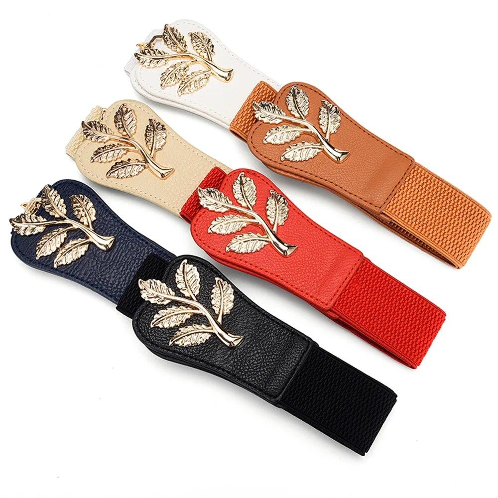 Women Belt Fashion Waist Cover Golden Leaf Elastic Waist Closure With Double Hook Buckle Wide Belts Paired With Skirt Lady Belt
