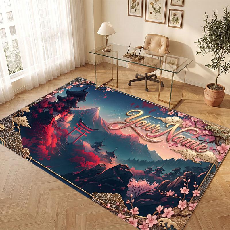 Floral Garden Theme Crystal Velvet Floor Rug Personalized Custom Name Text Warm Carpet Home Decoration