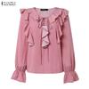 Women Casual Ruffles V-Neck Loose Long Sleeve Polka Dot Print Blouse