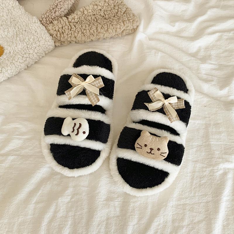 Fashion color matching cute cartoon fluffy slippers women's 2025 autumn and winter new outer wear home indoor cotton slippers shoes