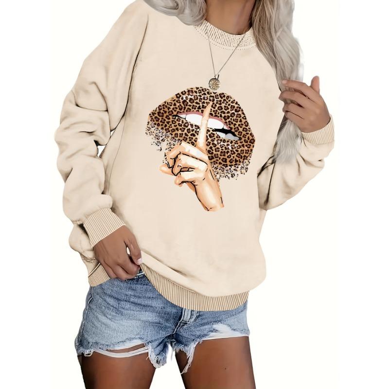 Plus Size Leopard Lip Print Crew Neck Pullover, Casual Long Sleeve Sweatshirt for Fall and Winter, Women's Plus Size Clothing