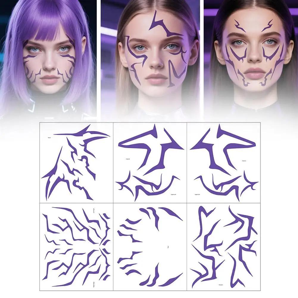 6 sheets of temporary tattoos, bold purple lightning makeup for cosplay role-playing games, waterproof facial art stickers