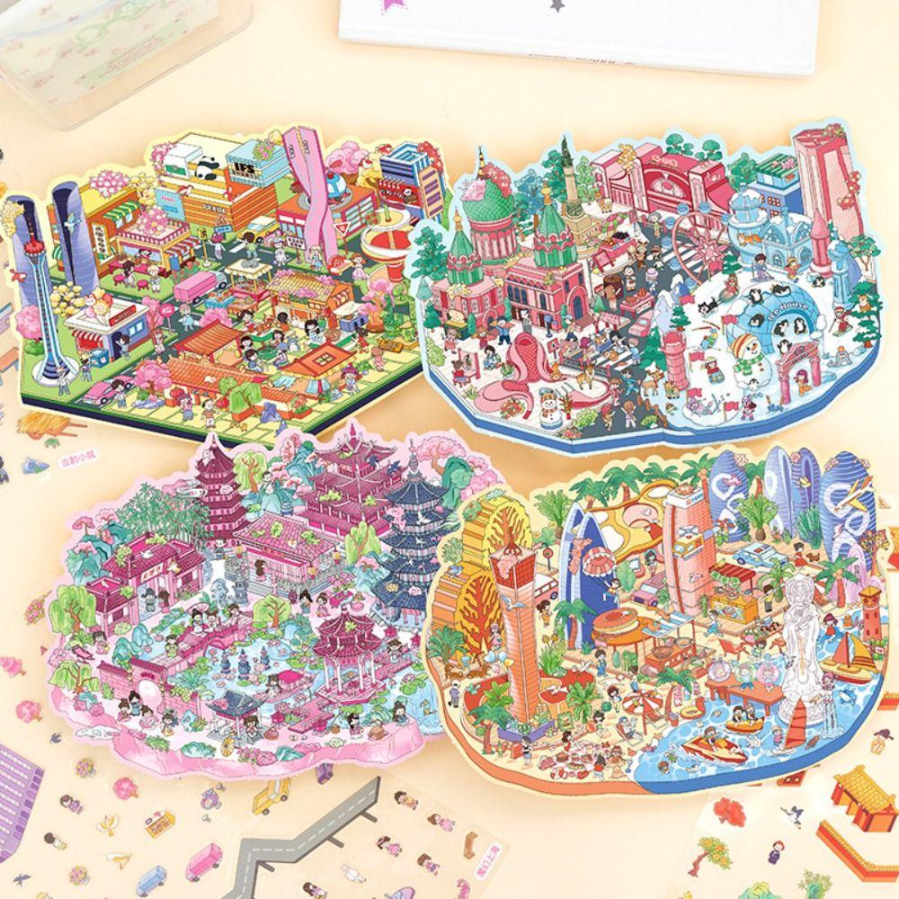 Visual Stacking DIY Landscape Sticker Book PET 3D Pocket Cabin Scene Stickers  Kids