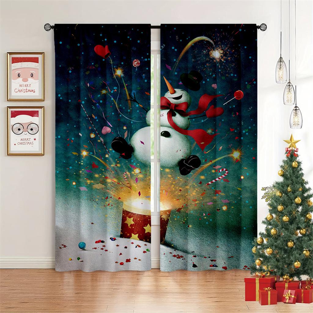 Christmas Holiday Decor Curtains Blue Bells Red Santa Bedroom Kids Room Decor Living Room Kitchen Window Decor Curtains 2 Panels