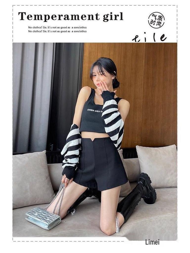 Black Women's High-Waisted A-Line Shorts - 2026 Trendy Spring/Summer Elastic Casual Wide-Leg Hot Pants