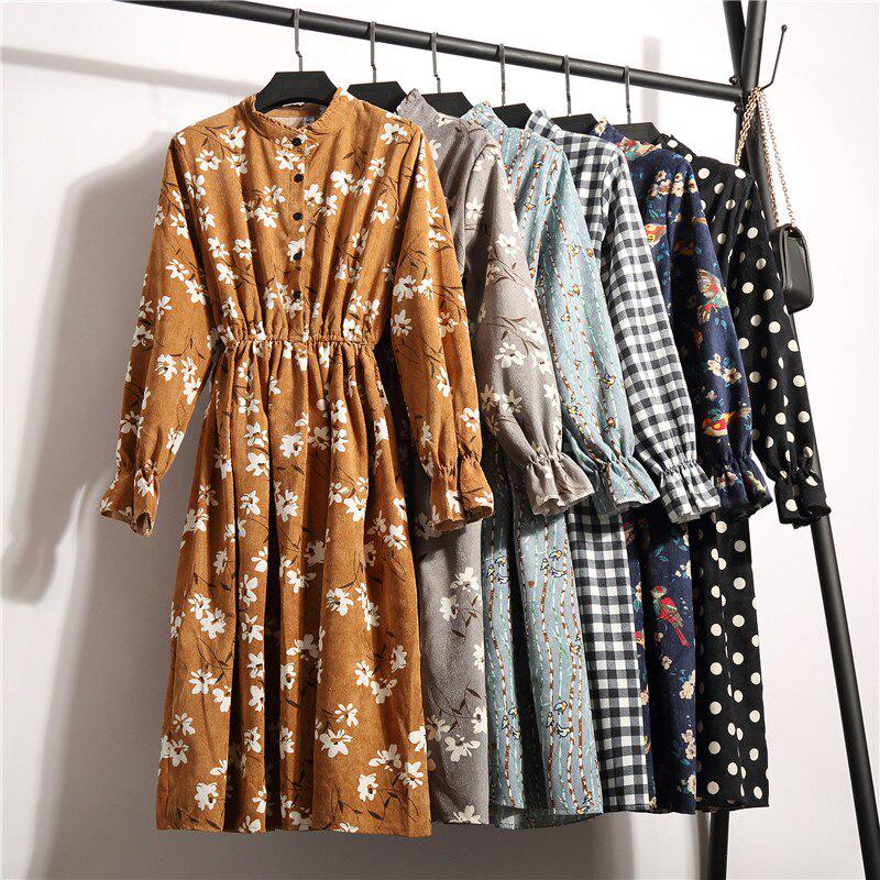 Vintage Collar Long Sleeve Corduroy Floral Dress Women's Party Ruffle Dress Bohemia Print Dress
