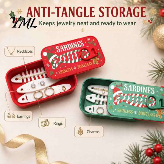 Portable Jewelry Organizer Christmas Sardine Tin Shaped Box, Travel Jewellery Storage Case with Decorative Gift Fish Bone Divider, Mini Necklace