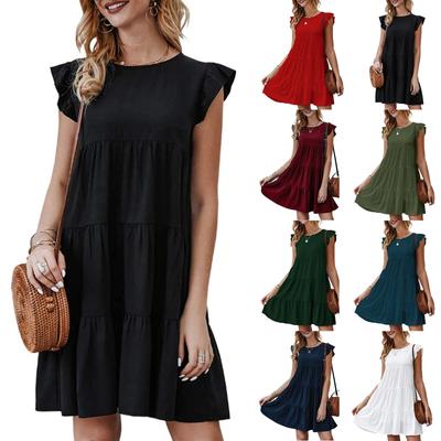 Vestido feminino verão cor sólida gola redonda renda bolo saia plissada vestido de bainha grande