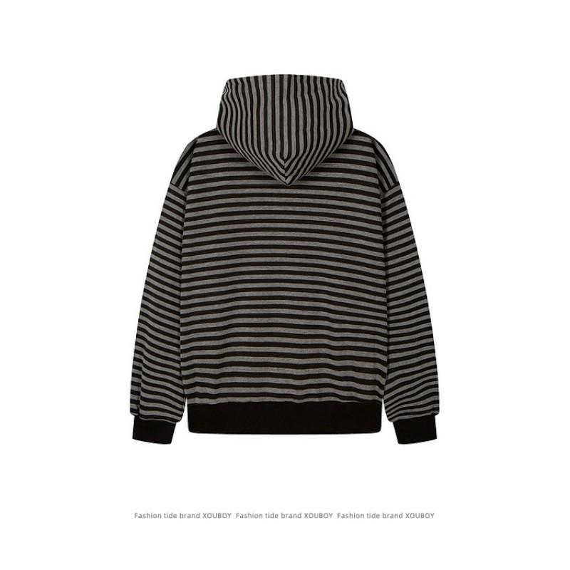 Unisex Oversized Hooded Zip-Up Sweatshirt With Striped Embroidery Detail Cotton Blend Fall Casual Wear