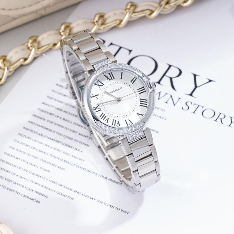 Diamond Women'S Watch Fashion Pointer Round Roman Quartz Waterproof Steel Belt Temperament Watch