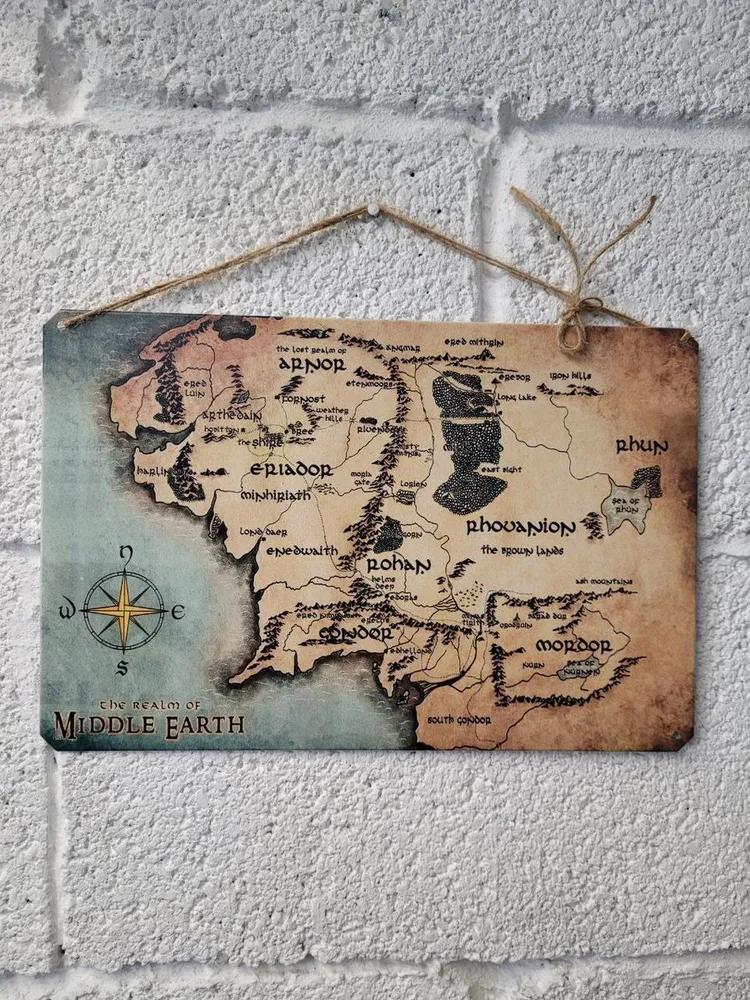 Middle Earth Map Lord of the Rings Tin Sign, Vintage Fantasy Metal Wall Art
