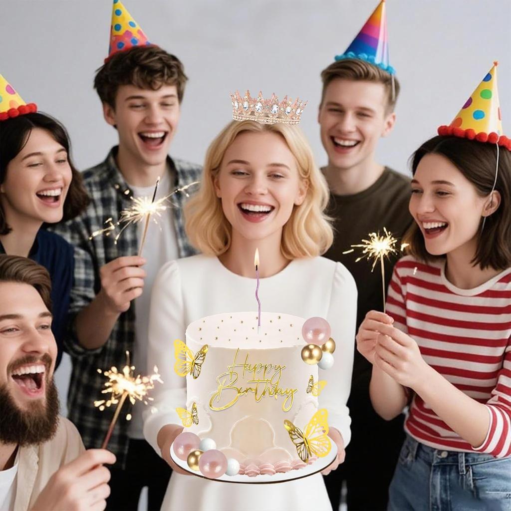 Crown Cake Topper Crown Birthday Candles Gold Butterflies, Corona Para Pastel, Cake Decorations for Birthday Wedding Party