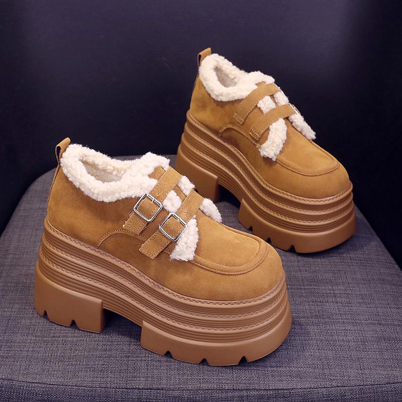 

10СМ Замша Коровья Натуральная Кожа Платформа Танкетка Зимние Плюшевые Осенние Ботинки Весна Женские Ботильоны Обувь Труба 37 жёлтый