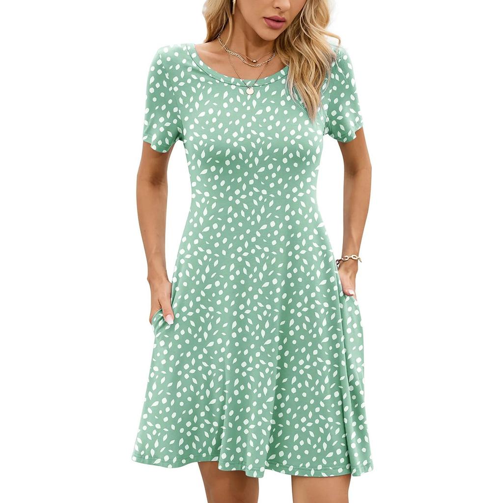 Women's Fashion Spring And Summer Round Neck Printed Short Sleeve Large Swing Dress