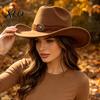 Autumn Winter Warm Fedora Unisex Western Cowboy Hat, Wool Felt Hat with Faux Leather Elegant for Daily Use Band, Retro Wide Brim Cowgirl Men