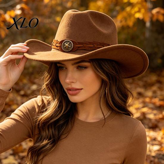 Autumn Winter Warm Fedora Unisex Western Cowboy Hat, Wool Felt Hat with Faux Leather Elegant for Daily Use Band, Retro Wide Brim Cowgirl Men