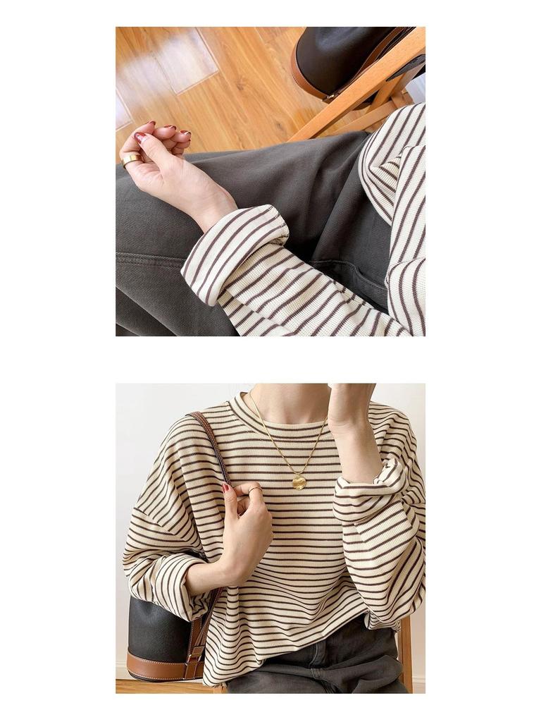 Women's Striped Loose Long-Sleeve T-Shirt – Round Neck, Versatile Top for Spring, Autumn, and Winter