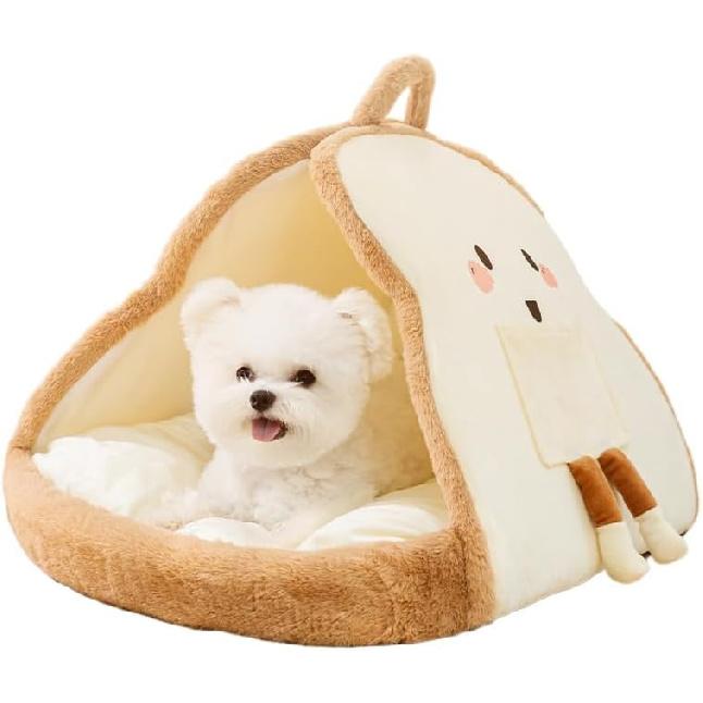 Portable Pet Cave for Puppy Kitten Cute Toast Design for Small Pets Cosy Cuddler (L: up to 11lbs)
