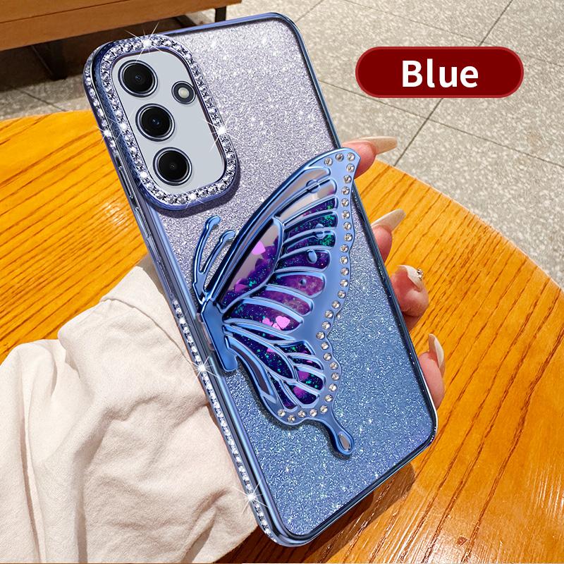 Diamantový třpytivý tekutý pouzdro s držákem ve tvaru motýla pro Samsung Galaxy A17 A16 A26 A36 A56 A06 A15 A25 A35 A55 A14 A24 A34 A54 5G kryt