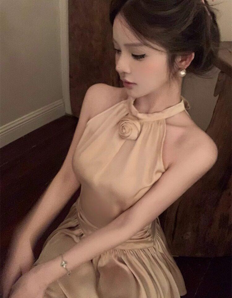 Elegant French Acetate Satin Halter Dress: Layered, Fluffy, Sleeveless Design for Birthdays