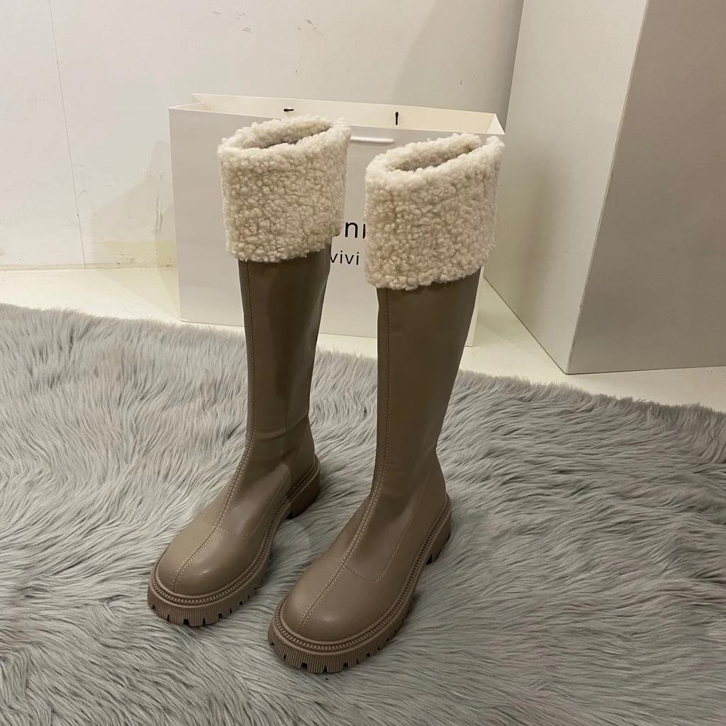 Fashion Women Winter New Soft Leather Knee Boots Ladies Fashion Outdoor Thick Soled Black Long Round Toe Knee-high Knight Boots Footwear