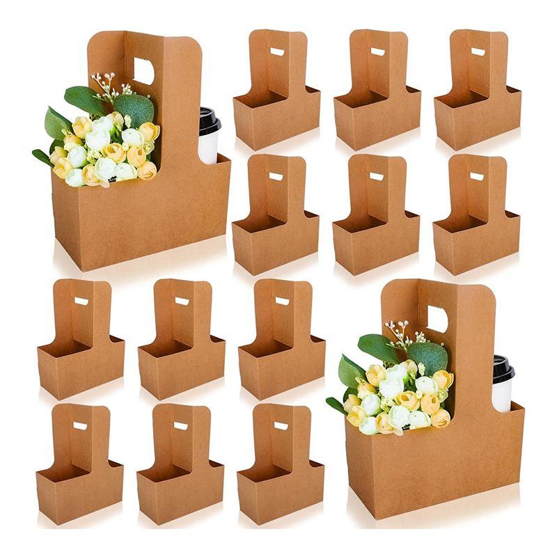 Good-Kraft Flower Gift Bags 25Pcs Drink Carrier With Handle To 2 Cup Rectangle Floral Wrap Packing Box Kraft Flower Holder