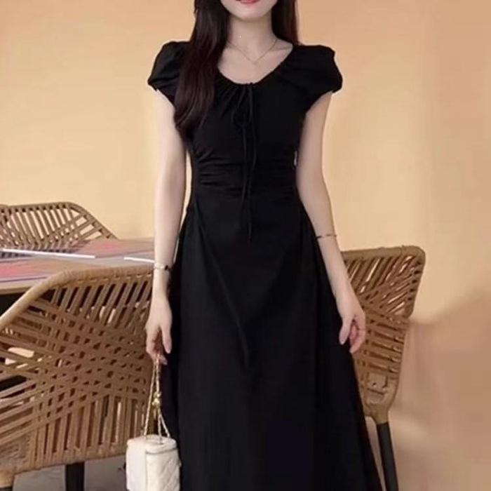 

Large size women s clothing summer dopamine French first love skirt temperament lace-up waist design pleated dress long dress 2XL чорний