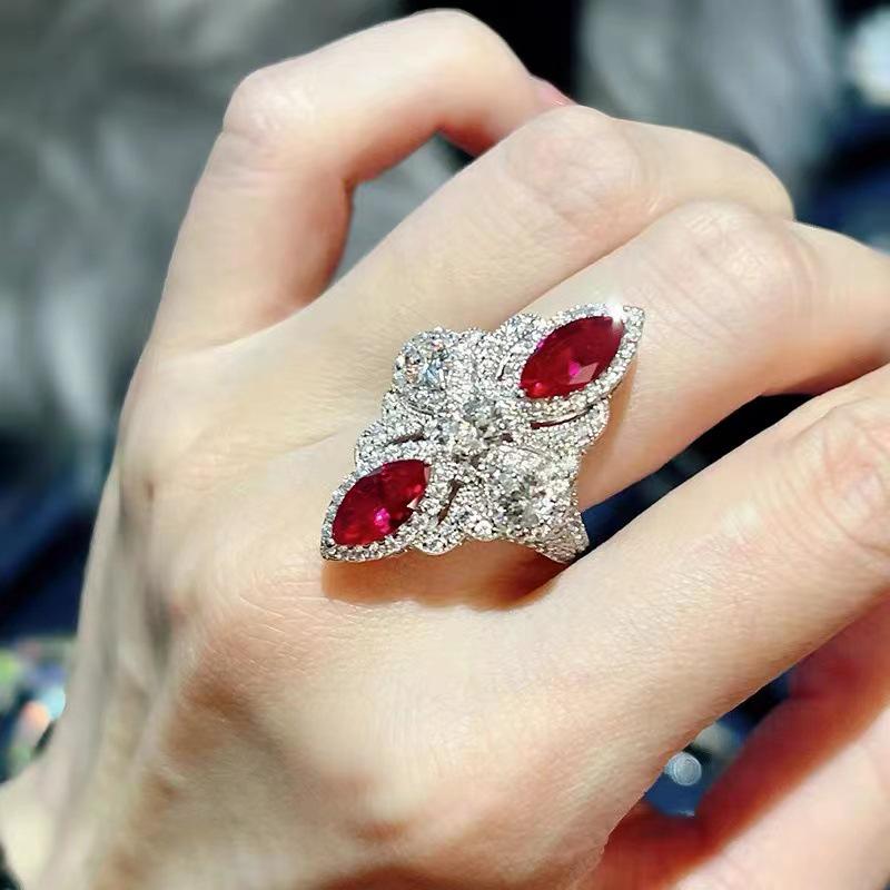 Women's High-End Ruby Gemstone Ring: Cool, Versatile Style with Full Diamond Accents