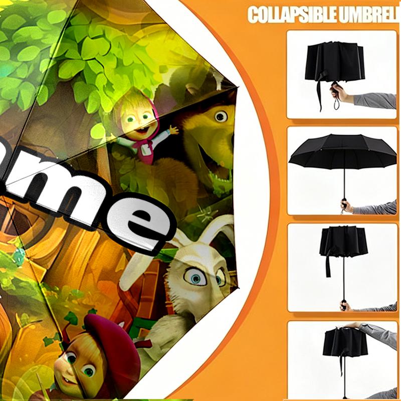 Custom Name Personalized Masha and The Bear Print Umbrella, Auto Open Close, 8‑Rib Sturdy Frame, Commute Camping Hiking Use, Birthday Gift