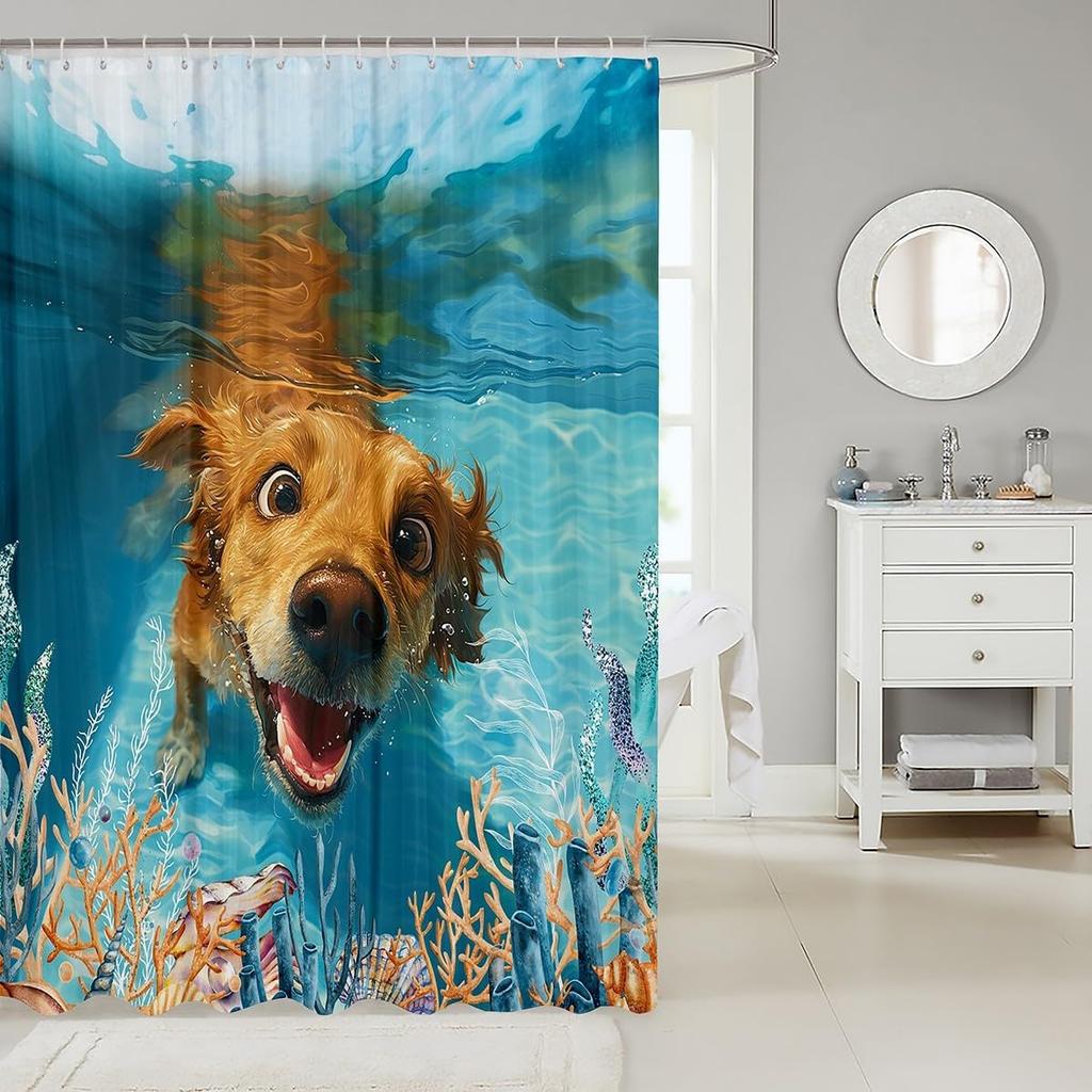 Funny Swimming Dog Fabric Shower Curtain Cute Pet Shower Curtain for Kids Ocean Theme Bathroom Waterproof Accessories with