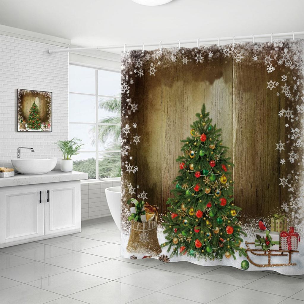 Best-Selling Christmas Digital Print Shower Curtain Waterproof, Includes Plastic C-Shaped Hooks